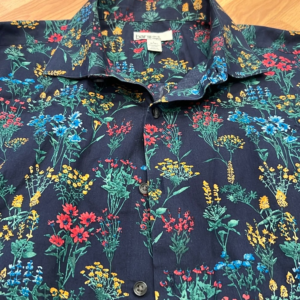 NEW Bar III Stretch Wildflower-Print Dress Shirt Navy Red Blue L 16-16 1/2